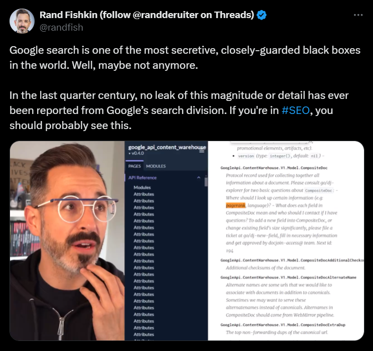 Rand Fishkin's Tweet on leak from Google's search division